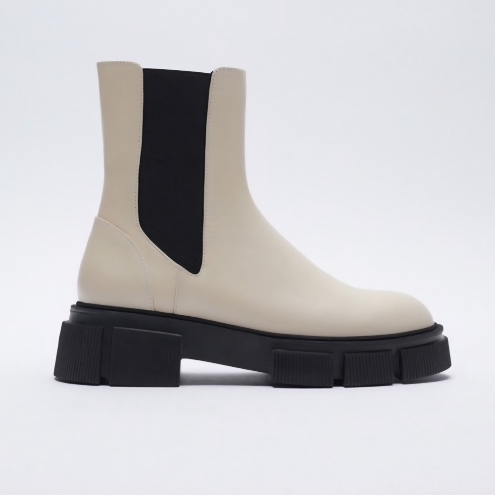 Zara Low Heel Lug Sole Leather Ankle Boots